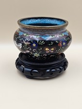 Coupe émail cloisonné Vintage- vide poche– décor floral, papillons– support bois