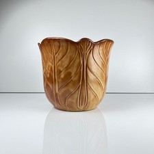 Cache-pot vintage faïence brune relief feuille 60-70s style Vallauris émaille