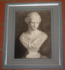 PORTAIT DE FEMME À L'ANTIQUE XIX s ENCADRÉ STATUE Fille beauté Belle Fusain Rome