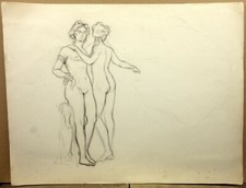 Beau Dessin Etude de 2 Jeunes Femmes Nues Old Drawing Naked Women 30x38cm