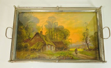 Plateau de service en métal et verre, peint, art déco