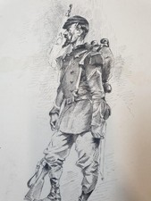 Dessin ancien Portrait d'un Soldat infanterie Fin XIXe Signée