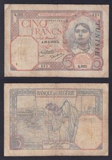Billet De Tunisie Banque D'Algérie 5 FRANCS 1933 P.-8a BB-/VF-
