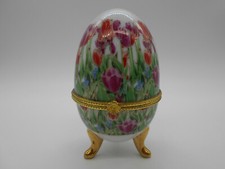 MAGNIFIQUE BOITE A BIJOUX FORME D' OEUF DECOR FLORAL TULIPE EN PORCELAINE