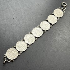 Ancien Bracelet Gourmette En Argent Massif Silver Maille chaine pièces monnaie 