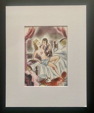 Tableau ancien estampe gravure illustration couleur femme buste nue curiosa XX