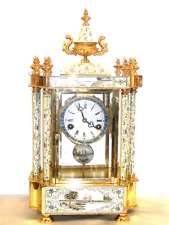 🇫🇷 ANCIENNE GRANDE HORLOGE PENDULE A 8 COLONNES BRONZE ÉMAILLE EMAUX PENDULUM