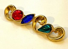 BROCHE vintage NOËL Doré cabochon rouge bleu vert 6,5cm