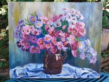 ANCIEN TABLEAU HUILE S/PANNEAU ISOREL BOUQUET D'ASTERS ARSÈNE HEITZ (1908-1989)