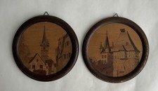 Ancien paire de cadre tableau en marqueterie de bois signé Hans paysage d’Alsace