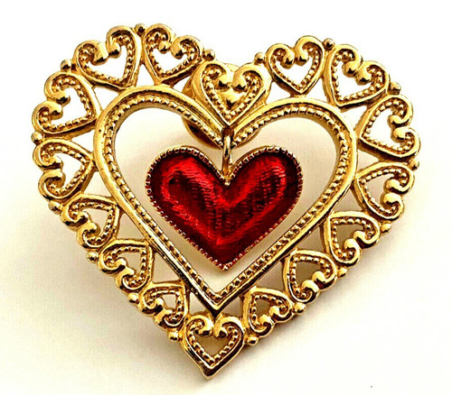 Broche pin coeur - doré, rouge