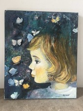 Tableau Peinture Jeune Fille Aux Papillons Huile Sur Toile Signé