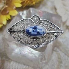 Broche Vintage Dentelle D'Argent Porcelaine De Delft Moulin 30x20mm