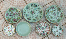 Ensemble 7 assiettes céladon chinoises 19ᵉ et  18° iBIS CRIQUET et PAPILLONS