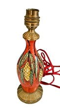 ART DECO LAMPE DE TABLE CHEVET EN PORCELAINE SOCLE EN BRONZE DECOR TON ORANGÉ