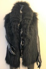 VESTE EN RENARD NOIR COL SANS MANCHE CUIR  RIZAL NEUF  T 38  36 LONG  