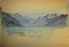 Ec. FRANCAISE PEINTURE GOUACHE PAYSAGE LAC LEMAN VEVEY SUISSE HAUTE SAVOIE 1920