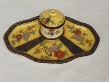 ANCIEN ENCRIER EN PORCELAINE DE SAXE MEISSEN XIXème DECOR FLEURS COMPLET