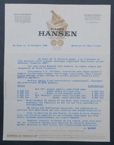 Facture 1937 pianos hansen - ,