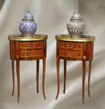 Paire de Chevet ou Salon en Marqueterie Transition Style Louis XV / Louis XVI