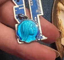 Antique French Mary Medal ⅝” Blue Enamel Brass Pendant Paul VI Necklace Antique