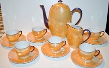 -JOLI SERVICE A CAFE EN PORCELAINE ORANGE IRISEE et MAUVE ANNEES 60/70 VINTAGE