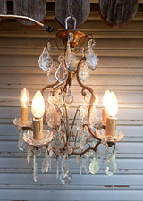 Rare ancien lustre cage en laiton et cristal 5 feux  XXe - ETAT DE MARCHE GAU ?