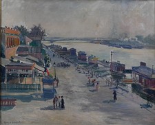 Ancien Tableau Paris Belle époque la Seine animée tour Eiffel Henry Laurent 19e 