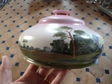 unique abat jour verre opaline ancien dessin japonisant lacustre rose vert bleu 