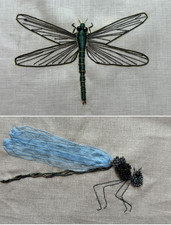 TEXTILE - BRODERIE - 2 MOTIFS GRANDES LIBELLULES - RUBAN - PERLES