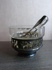 ancien sucrier en cristal et métal a décors de roses,pince pattes de lion (ch21)