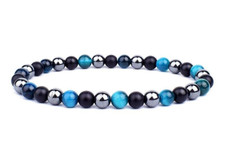 Bracelet Agate noir mat, oeil de Tigre bleu (faucon) et Hématite, Sur mesure