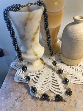 Collier ancien perles pierres naturelles hématites noir et quartz