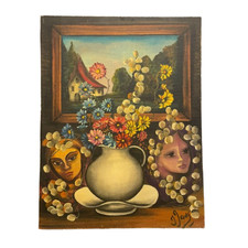 Deux visages surréaliste et pot de fleurs signé JJAS peinture sur panneau 1970