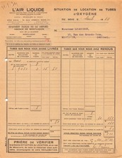 1934 SITUATION DE LOCATION DE TUBES D OXYGENE L AIR LIQUIDE A PARIS - M. LOUR