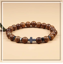 Bracelet de perles en Bois et croix Hématite, Sur mesure Homme Femme