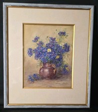 Tableau ancien aquarelle nature morte fleurs signé fin XIXème 