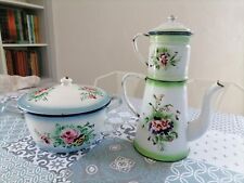Large old French coffee pot and tureen in enamelled sheet metal.
