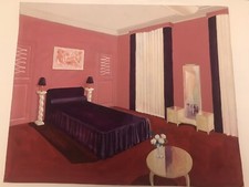 Peinture Aquarelle Ancienne Projet chambre lit violet foncé Art Déco 1900