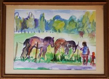 Tableau aquarelle de Gérard Fagard (1938-2021): les enfants et les chevaux