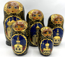 Unique large antique russian wood painted nesting dolls signed