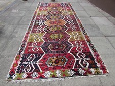 Fin Ancien Main Fabriqué Turc Délavé Vert Rouge Laine Longueur Kilim 400x165cm