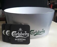 Seau, vasque Carlsberg et 6 sous-bocks. Seau à Glaçons, Glace, Bouteille.