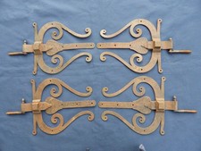 4 Ferrures + Gonds moustaches pentures fer forgé ouvragée ancien Ht 20 x 25,5 cm
