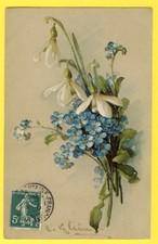 MAGNIFIQUE CPA en relief signée C. KLEIN Fleurs Bouquet MYOSOTIS et PERCE NEIGE