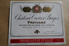 etiquette ancienne 1952 VIN Château CROIZET-BAGES PAUILLAC Grand Cru