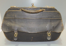 -ANCIEN SAC de VOYAGE CUIR NOIR INTERIEUR ROUGE MALLETTE de TOILETTE FIN XIXe  D