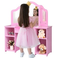 2 en 1 Coiffeuse pour Enfants avec Miroir Amovible Bureau Enfant avec 4 Étagère