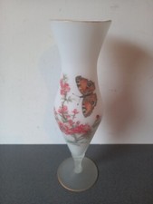GRAND VASE VINTAGE 37 CM VERRE OPALINE PAPILLON FLEURS