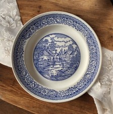 Assiette plate décor bleu floral maison village campagne